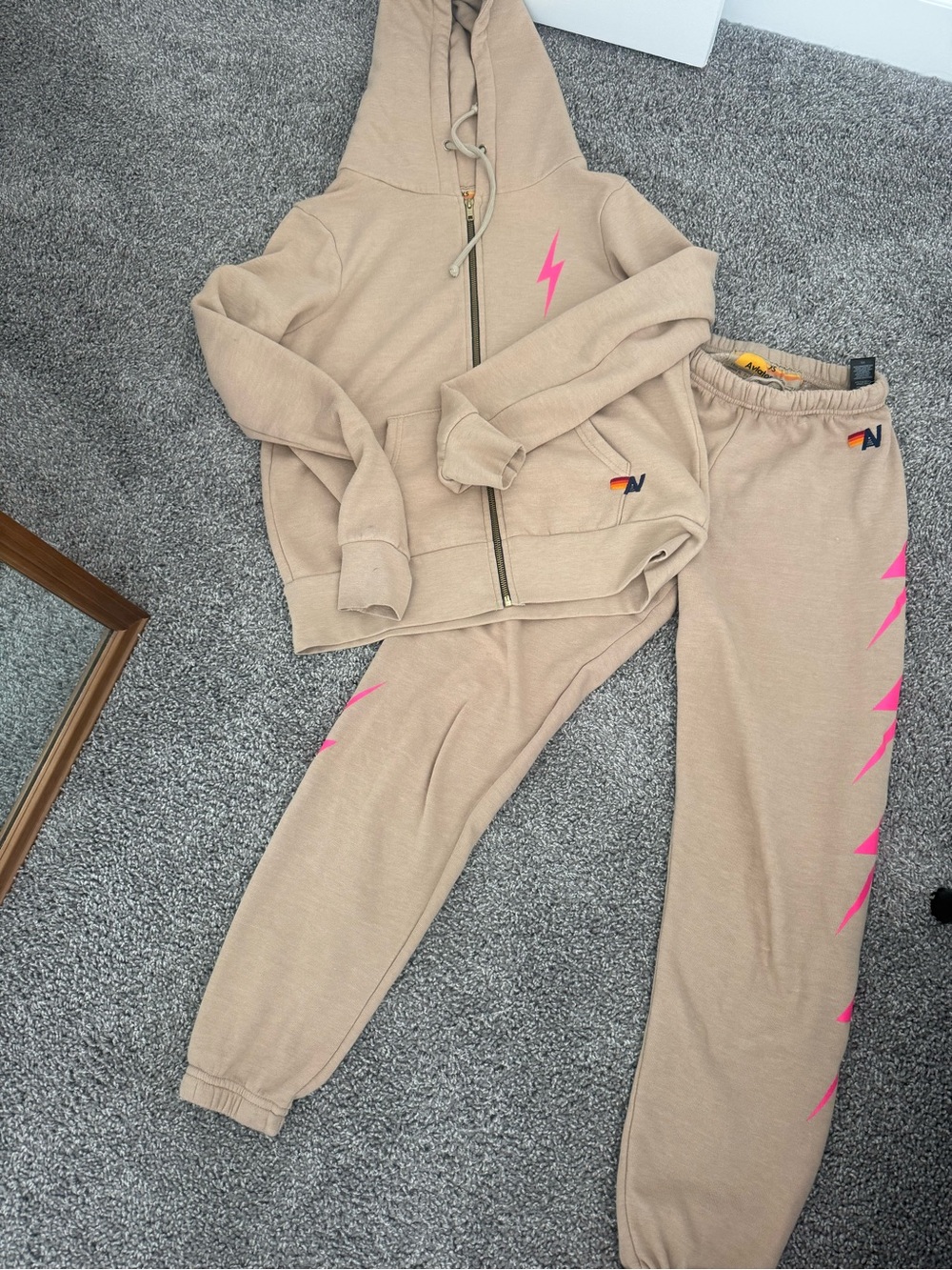 Women’s Aviator Nation Jogger Pants and zip up hoody with Pink Lightning Accent